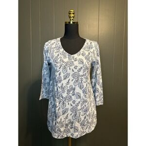 J Hill Grey V Neck 3/4 Sleeve Floral Organic Cotton Top XS Extra‎ Small